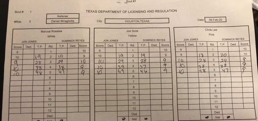 Кадр дня: Карточки судей боя Джона Джонса и Доминика Рейеса