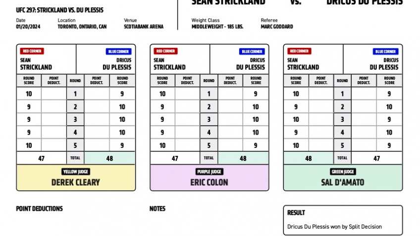 Кадр дня: Судейские карточки боя Стриклэнда и Дю Плесси